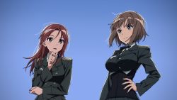Rule 34 | 2girls, blue eyes, brave witches, breasts, brown hair, gundula rall, hand on own hip, hand on own chin, highres, kogarashi51, large breasts, long hair, looking at another, military, military uniform, minna-dietlinde wilcke, multiple girls, necktie, red eyes, red hair, short hair, simple background, smile, strike witches, uniform, world witches series