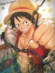 Rule 34 | 1boy, abs, arm up, chain, commentary, happy birthday, hat, looking at viewer, male focus, monkey d. luffy, one piece, open clothes, open shirt, potechi norisio, red shirt, scar, scar on face, shirt, short hair, smile, solo, straw hat, sword, weapon