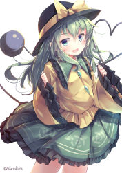 Rule 34 | 1girl, :d, absurdres, alternate hair length, alternate hairstyle, black hat, blouse, commentary request, eyeball, hair between eyes, hat, highres, kanzakietc, komeiji koishi, long hair, looking at viewer, open mouth, shirt, simple background, smile, solo, third eye, touhou, white background, yellow shirt