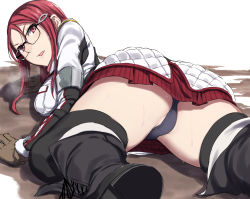 Rule 34 | 1girl, armor, ass, black panties, black thighhighs, boots, breast pocket, breasts, breath, glasses, gloves, hair ornament, hairclip, heavy breathing, highres, knee boots, knee pads, large breasts, long hair, looking at viewer, lying, minerva victor, nagioka, on stomach, open mouth, panties, parted lips, pocket, red eyes, red hair, scarf, senjou no valkyria (series), senjou no valkyria 4, shoulder armor, single knee pad, skirt, solo, sweat, thighhighs, underwear, upskirt, zettai ryouiki