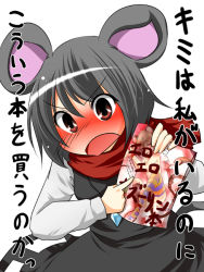 Rule 34 | 1girl, aki (akikaze asparagus), angry, animal ears, blush, brown eyes, female focus, grey hair, looking at viewer, mouse ears, nazrin, scarf, solo, tail, thighhighs, touhou, translation request