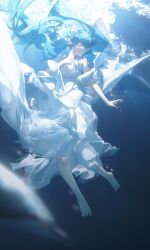 Rule 34 | 1girl, absurdres, air bubble, barefoot, blue eyes, blue hair, bubble, chinese commentary, closed mouth, collarbone, commentary request, dress, floating hair, frilled dress, frills, full body, hair ornament, hand on own chest, hatsune miku, highres, konya karasue, light blue hair, long hair, long sleeves, looking to the side, mixed-language commentary, number tattoo, profile, sleeveless, sleeveless dress, solo, tattoo, twintails, umiyuri kaiteitan (vocaloid), underwater, very long hair, vocaloid, white dress
