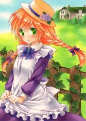 Rule 34 | 1girl, anne of green gables, anne shirley, bad id, bad pixiv id, bow, braid, brown hair, building, freckles, grass, green eyes, hair bow, hair ribbon, hat, kingin shishou, long hair, looking at viewer, low twintails, marker (medium), ribbon, solo, traditional media, twin braids, twintails