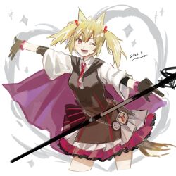 Rule 34 | 1girl, ;d, animal ear fluff, animal ears, arknights, black dress, black gloves, blonde hair, bow, breasts, cape, commentary request, cropped legs, dated, dress, eyebrows hidden by hair, gloves, hair between eyes, hair ribbon, highres, holding, k-yosinori, long sleeves, looking at viewer, one eye closed, open mouth, outstretched arms, pleated skirt, purple cape, purple skirt, red eyes, red ribbon, ribbon, shirt, signature, simple background, skirt, sleeveless, sleeveless dress, small breasts, smile, solo, sora (arknights), spread arms, standing, striped, striped bow, tail, twintails, white background, white shirt