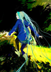Rule 34 | 1girl, abstract, athgil, barefoot, blue hair, blue jacket, branch, curtains, forest, from behind, grass, hatsune miku, jacket, leaf, long hair, nature, outdoors, painttool sai (medium), running, solo, table, tagme, tree, tree stump, twintails, vocaloid