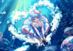 Rule 34 | 1girl, :d, achyue, bare shoulders, barefoot, blue dress, blue eyes, blue hair, breasts, day, dress, haiyi, hat, hat feather, heart, highres, jellyfish, long hair, looking at viewer, medium breasts, open mouth, outdoors, pink hat, school of fish, smile, solo, strapless, strapless dress, sunlight, underwater, vocaloid, vocanese, water