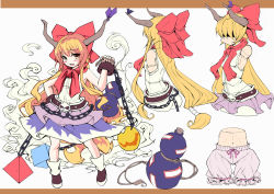 Rule 34 | 1girl, belt, bloomers, chain, cube, cuffs, female focus, gourd, hair ribbon, hand on own hip, hip focus, horn ornament, horn ribbon, horns, ibuki suika, long hair, navel, orange eyes, orange hair, orb, pyramid (structure), pz, red scarf, ribbon, scarf, shackles, simple background, skirt, solo, tetrahedron, touhou, underwear, white background