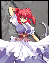 Rule 34 | 1girl, breasts, coin, female focus, hair bobbles, hair ornament, harukatron, large breasts, obi, onozuka komachi, red eyes, red hair, sash, scythe, solo, touhou, twintails, two side up