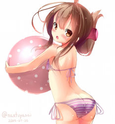 Rule 34 | 10s, 1girl, ass, bad id, bad pixiv id, ball, bare shoulders, beachball, bikini, blush, brown eyes, brown hair, butt crack, dated, folded ponytail, from behind, hair ornament, inazuma (kancolle), kantai collection, long hair, looking at viewer, natuna natu, open mouth, side-tie bikini bottom, solo, striped bikini, striped clothes, swimsuit, twitter username, white background