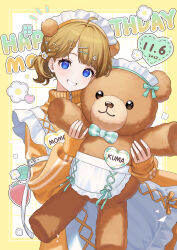 Rule 34 | absurdres, ahoge, animal ears, apron, arm belt, bear ears, blue eyes, bow, brown hair, commentary, cross-laced apron, dated, frilled apron, frills, green bow, grin, hair ornament, hairclip, happy birthday, highres, holding, holding stuffed toy, idolmaster, idolmaster million live!, jacket, long sleeves, looking at viewer, maid apron, maid headdress, medium hair, mimizubare, name tag, orange jacket, short twintails, sleeves past wrists, smile, stuffed animal, stuffed toy, suou momoko, teddy bear, teeth, track jacket, twintails, yellow background