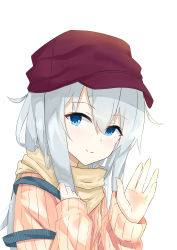 Rule 34 | 1girl, absurdres, alternate costume, baseball cap, blue eyes, evening rabbit, hair between eyes, hat, hibiki (kancolle), highres, kantai collection, long hair, long sleeves, looking at viewer, red hat, ribbed sweater, scarf, silver hair, simple background, smile, solo, sweater, upper body, waving, white background, white sweater, yellow scarf