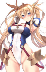 Rule 34 | 1girl, arm behind head, armpits, bare shoulders, blonde hair, blue eyes, blush, bradamante (fate), bradamante (first ascension) (fate), braid, breasts, cleavage, closed mouth, covered navel, cowboy shot, elbow gloves, fate/grand order, fate (series), french braid, gloves, gluteal fold, groin, hair between eyes, hand up, highres, large breasts, leotard, long hair, looking at viewer, sidelocks, simple background, skindentation, smile, solo, taut clothes, taut leotard, thigh strap, thighs, twintails, untue, very long hair