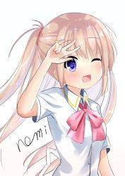 Rule 34 | 1girl, ;d, aged up, alternate hair length, alternate hairstyle, arizuki shiina, blue eyes, blunt bangs, blush, bow, collared shirt, commentary request, fang, floating hair, hair ornament, hairclip, hand up, happy, highres, kud wafter, kudpoid (71139), light brown hair, little busters!, little busters! school uniform, long hair, looking at viewer, one eye closed, open mouth, pink bow, school uniform, shirt, signature, simple background, smile, solo, sparkle, straight hair, upper body, v, v over head, very long hair, white background, white shirt