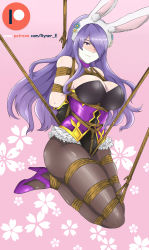 Rule 34 | 1girl, absurdres, bdsm, black gloves, bondage, bound, breasts, camilla (fire emblem), cleavage, fire emblem, fire emblem fates, gag, gagged, gloves, hair over one eye, highres, improvised gag, intelligent systems, large breasts, leotard, long hair, looking at viewer, nintendo, playboy bunny, purple eyes, purple hair, ryner-e, solo, tape, tape gag