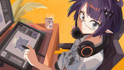 Rule 34 | 1girl, :3, black shorts, chair, coffee mug, cup, desk, drawing tablet, glasses, grey eyes, halftone, halftone background, halo, headphones, headphones around neck, highres, holding, holding stylus, hololive, hololive english, leaf, light smile, looking at viewer, monitor, mug, ninomae ina&#039;nis, ninomae ina&#039;nis (loungewear), office chair, official alternate costume, official alternate hair length, official alternate hairstyle, plant, pointy ears, purple hair, shirt, short hair, shorts, sitting, stylus, swivel chair, takodachi (ninomae ina&#039;nis), virtual youtuber, white shirt, yellow background, zb relic