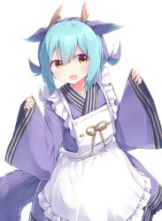 1girl absurdres apron blue_dress blue_hair blue_kimono blush dragon_girl dragon_horns dress duel_monster fang happy highres horns japanese_clothes kanzakietc kimono laundry_dragonmaid light_blush long_sleeves maid maid_apron open_mouth orange_eyes short_hair short_twintails simple_background smile solo twintails wa_maid white_background yu-gi-oh!