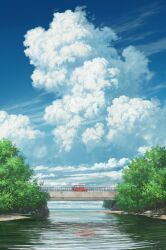 Rule 34 | blue sky, bridge, car, cloud, cloudy sky, commentary request, cumulonimbus cloud, day, highres, motor vehicle, original, outdoors, pei (sumurai), railing, river, scenery, sign, sky, tree, water