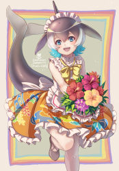 Rule 34 | 1girl, alternate costume, apron, bare legs, bare shoulders, black hair, blonde hair, blowhole, blue eyes, blue hair, blush, bouquet, bow, bowtie, cetacean tail, collar, commentary request, common dolphin (kemono friends), cowboy shot, dolphin girl, dorsal fin, dress, enmaided, fins, fish tail, flower, frilled collar, frilled dress, frills, high collar, highres, kemono friends, kemono friends 3, kosai takayuki, maid, multicolored hair, official alternate costume, open mouth, orange dress, short hair, sleeveless, smile, solo, standing, standing on one leg, tail, white apron, white collar, white hair, yellow bow, yellow bowtie