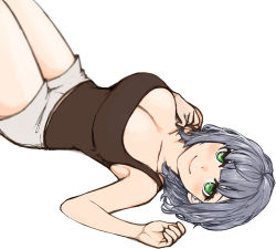 Rule 34 | 1girl, black camisole, breasts, camisole, cleavage, collarbone, green eyes, grey hair, grey shorts, hand on own shoulder, highres, hololive, large breasts, lying, medium hair, on back, sazare (sazare az), shirogane noel, shorts, solo, virtual youtuber, white background