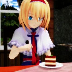 Rule 34 | 1girl, 3d, alice margatroid, animated, animated gif, blonde hair, blue eyes, cake, capelet, fork, hair ornament, hairband, indoors, looking at viewer, lowres, open mouth, smile, solo, touhou