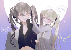 Rule 34 | 1boy, 1girl, absurdres, age difference, ahoge, androgynous, bishounen, black choker, black nails, black ribbon, black shirt, blonde hair, blush, choker, couple, english text, grey hair, hair between eyes, hair ribbon, hairdressing, highres, jacket, long hair, looking at another, msa (fary white), open clothes, open jacket, open mouth, original, purple eyes, red pupils, ribbon, shirt, slit pupils, smile, twintails, two-tone background, tying another&#039;s hair, very long hair, white eyes, white jacket