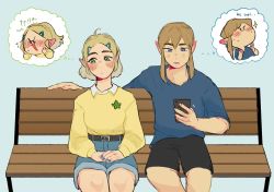 Rule 34 | 1boy, 1girl, ahoge, bench, black shorts, blue eyes, blue nails, blush, brown hair, casual, cellphone, chibi, chibi inset, commentary, contemporary, denim, denim shorts, english commentary, hair ornament, hairclip, hetero, high-waist shorts, highres, link, nail polish, nintendo, park bench, parted bangs, phone, princess zelda, sharlene yap, shirt, shirt tucked in, short hair, shorts, sidelocks, sitting, smartphone, sweater, t-shirt, the legend of zelda, the legend of zelda: breath of the wild, the legend of zelda: tears of the kingdom, thick eyebrows, thought bubble, twitter username, watermark, yellow sweater