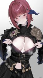 Rule 34 | 1girl, absurdres, au ra, belt, black belt, blue horns, blunt bangs, blush, breasts, clothing request, dragon girl, dragon horns, final fantasy, final fantasy xiv, gradient background, head tilt, highres, horns, large breasts, long sleeves, looking at viewer, navel, opened by self, red eyes, red hair, scales, seductive smile, shhilee, short hair, signature, smile, solo, warrior of light (ff14), wide sleeves
