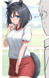 Rule 34 | 1boy, 1girl, absurdres, animal ears, black hair, blue eyes, blush, breasts, commentary, covering own mouth, cowboy shot, ear ornament, ears down, eishin flash (umamusume), embarrassed, gym shirt, gym shorts, gym uniform, highres, horse ears, horse girl, horse tail, looking at viewer, medium breasts, ooeyama, red shorts, shirt, short hair, shorts, simple background, solo, staring, tail, trainer (umamusume), umamusume, white background, white shirt