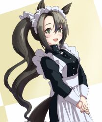 Rule 34 | 1girl, :d, alternate costume, animal ears, apron, black dress, black hair, blush, dress, enmaided, from side, green eyes, highres, horse ears, horse girl, long hair, long sleeves, looking at viewer, looking to the side, maid, maid apron, maid headdress, masasim, official alternate costume, open mouth, satono crown (umamusume), side ponytail, smile, solo, umamusume, upper body