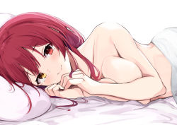 Rule 34 | 1girl, absurdres, anbasa (amaneyuz13), bare shoulders, breasts, collarbone, heterochromia, highres, hololive, houshou marine, looking at viewer, pillow, red hair, smile, solo, virtual youtuber