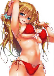 Rule 34 | 1girl, absurdres, arm up, armpits, bikini, blonde hair, blue eyes, blush, breasts, cleavage, female focus, flower, frilled bikini, frills, hair between eyes, hair flower, hair ornament, hibiscus, highres, large breasts, long hair, looking at viewer, navel, red bikini, ribbon, scan, scan artifacts, side-tie bikini bottom, simple background, skindentation, smile, solo, string bikini, swimsuit, tomose shunsaku, twintails, two side up, underboob, very long hair, white background, wrist ribbon, wristband