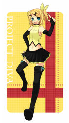 Rule 34 | alternate hairstyle, blonde hair, detached sleeves, hand on own hip, hip focus, kagamine rin, midriff, navel, open mouth, project diva, project diva (series), skirt, solo, tamura hiro, thighhighs, vocaloid, zettai ryouiki