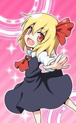 Rule 34 | 1girl, ascot, blonde hair, blush, blush stickers, bow, fang, gin&#039;you haru, gradient background, hair bow, highres, open mouth, outstretched arms, red eyes, rumia, solo, sparkle, striped, striped background, touhou
