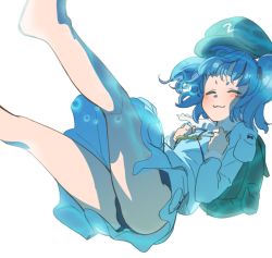 Rule 34 | 1girl, backpack, bag, barefoot, blue hair, closed eyes, female focus, hat, kawashiro nitori, key, pine (pine-box), short hair, skirt, skirt set, smile, solo, swimsuit, swimsuit under clothes, touhou, twintails, two side up