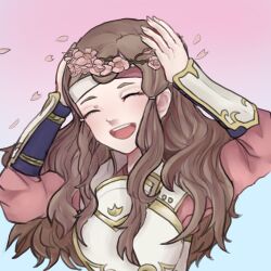 Rule 34 | 1girl, armor, brown hair, cherry blossoms, closed eyes, dotty (dotted clouds), fire emblem, fire emblem fates, hana (fire emblem), head wreath, highres, japanese armor, japanese clothes, long hair, nintendo, open mouth, petals, sidelocks, smile, teeth, upper teeth only