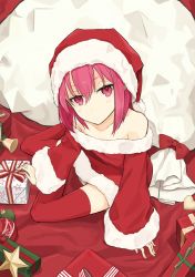 Rule 34 | 1girl, ariaria (netsuki), bad id, bad twitter id, bare shoulders, bell, blush, box, christmas ornaments, collarbone, dot nose, eyebrows, female focus, fingernails, flat chest, from above, fur trim, gift, gift bag, gift box, hat, heart, highres, long sleeves, looking at viewer, miruto netsuki, original, parted lips, pink eyes, pink hair, pom pom (clothes), red thighhighs, sack, santa costume, santa hat, short hair, sitting, solo, spread legs, thighhighs, yokozuwari, zettai ryouiki