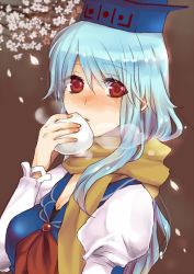 Rule 34 | 1girl, blue dress, blue hair, blush, breasts, cherry blossoms, dress, enpera, food, hat, kamishirasawa keine, large breasts, looking at viewer, mif, neckerchief, petals, puffy short sleeves, puffy sleeves, red eyes, scarf, shirt, short sleeves, solo, touhou, tree, upper body