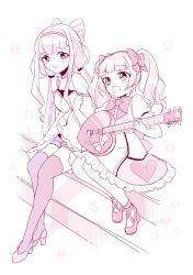 Rule 34 | 2girls, absurdres, aisaki emiru, ayumaru (art of life), bow, full body, guitar, hair bow, highres, holding, holding instrument, hugtto! precure, instrument, long hair, looking at another, multiple girls, open mouth, ponytail, precure, ruru amour, sitting, sketch, twintails, wavy hair, white background