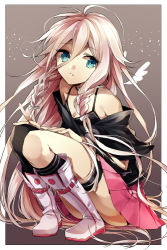 Rule 34 | 1girl, bare shoulders, black shirt, black thighhighs, blue eyes, boots, braid, buckle, hair between eyes, hand on own thigh, ia (vocaloid), knee boots, knees up, long hair, long sleeves, looking at viewer, off-shoulder shirt, off shoulder, pink hair, shirt, single thighhigh, sitting, solo, thigh strap, thighhighs, twin braids, vocaloid, wonoco0916