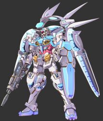 Rule 34 | arm shield, beam rifle, commentary request, energy gun, g-self, glowing, glowing eye, green eyes, grey background, gun, gundam, gundam g no reconguista, highres, holding, holding gun, holding weapon, joy (cyber x heaven), looking ahead, mecha, mobile suit, no humans, robot, science fiction, simple background, solo, standing, weapon