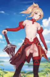 Rule 34 | 1girl, bare shoulders, black thighhighs, blurry, blurry background, braid, clarent (fate), clothing aside, cloud, detached collar, detached sleeves, erection, fate/grand order, fate (series), futanari, gluteal fold, green eyes, hair ornament, hair scrunchie, highres, mordred (fate), mordred (fate/apocrypha), navel, nipples, outdoors, pelvic curtain, pelvic curtain aside, penis, personal ami, planted, planted sword, planted weapon, ponytail, scrunchie, skindentation, sky, solo, sword, testicles, thighhighs, uncensored, weapon, wind