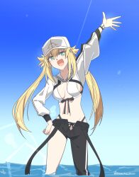 Rule 34 | 1girl, artoria caster (fate), artoria caster (swimsuit) (fate), artoria caster (swimsuit) (first ascension) (fate), artoria pendragon (fate), asymmetrical clothes, blonde hair, breasts, fate/grand order, fate (series), green eyes, hand on own hip, highres, house tag denim, long hair, looking at viewer, medium breasts, midriff, navel, open fly, open mouth, open pants, pants, shrug (clothing), single pantsleg, smile, solo, stomach, twintails, visor cap, wading, waving