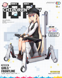 Rule 34 | 1girl, battery indicator, black hat, black socks, black vest, blonde hair, breasts, brown footwear, character name, children&#039;s day, commentary, company name, container, copyright name, earpiece, english commentary, full body, general-purpose machine gun, girls&#039; frontline, grid background, gun, hair between eyes, hat, highres, holding, holding gun, holding weapon, light blush, long hair, long sleeves, looking at viewer, machine, machine gun, medium breasts, mg3, mg3 (girls&#039; frontline), mg3 (visionary of the future) (girls&#039; frontline), non-humanoid robot, official alternate costume, official art, parted lips, peaked cap, plaid, plaid skirt, planet, red skirt, robot, second-party source, shirt, sidelocks, sitting, skirt, smile, socks, solo, star (symbol), touko (kira2yue), very long hair, vest, weapon, white shirt