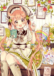 Rule 34 | 1girl, :d, absurdres, animal, animal ears, animal on shoulder, apron, bird, blue flower, blunt bangs, blush, bonnet, book, bow, breasts, brown bow, brown eyes, brown hair, brown socks, center frills, chick, colored pencil, commentary request, diagonal stripes, fingernails, flower, frilled apron, frilled skirt, frills, green skirt, hair ornament, hairclip, hands up, head tilt, highres, holding, holding book, holding pencil, huge filesize, kneehighs, long hair, medium breasts, open book, open mouth, original, pencil, picture frame, puffy short sleeves, puffy sleeves, purple flower, rabbit, rainbow, red flower, ribbed legwear, ribbon-trimmed legwear, ribbon trim, sakura oriko, shirt, short sleeves, sitting, skirt, smile, socks, solo, striped, trap, twintails, very long hair, waist apron, white apron, white bow, white flower, white headwear, white shirt, wrist cuffs, yellow flower