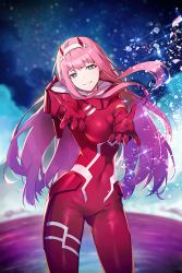 Rule 34 | 10s, 1girl, bodysuit, breasts, commentary, covered navel, darling in the franxx, green eyes, head tilt, horns, large breasts, long hair, looking at viewer, nagu, outstretched arms, parted lips, pilot suit, pink hair, red bodysuit, smile, solo, standing, very long hair, zero two (darling in the franxx)