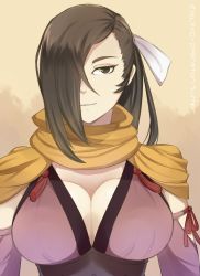 Rule 34 | 1girl, assassin, breasts, brown eyes, brown hair, cleavage, electro-plankton, fire emblem, hair ribbon, highres, kagero (fire emblem), large breasts, long hair, looking at viewer, nintendo, parted lips, ribbon, smile, solo, tagme, upper body