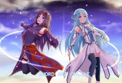 Rule 34 | 2girls, :d, armor, asuna (sao-alo), blue eyes, blue hair, blue thighhighs, braid, breastplate, cape, closed mouth, covered navel, crown braid, detached sleeves, fingerless gloves, floating hair, gloves, hair between eyes, hair intakes, headband, holding, holding wand, leotard, long hair, long sleeves, looking at viewer, miniskirt, multiple girls, open mouth, outdoors, outstretched arms, outstretched hand, pleated skirt, pointy ears, purple armor, purple cape, purple gloves, purple hair, purple legwear, purple leotard, purple sleeves, red eyes, red headband, skirt, smile, sword art online, thighhighs, very long hair, waist cape, wand, white skirt, white sleeves, yoruciel, yuuki (sao), zettai ryouiki