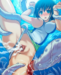 Rule 34 | 1girl, asphyxiation, bad end, blue eyes, blue hair, blush, bosshi, breasts, breasts out, bubble, censored, clothing aside, competition swimsuit, cum, cum in pussy, drowning, empty eyes, koshoksyu, large breasts, matching hair/eyes, one-piece swimsuit, original, pussy, restrained, slime (substance), solo, swimsuit, swimsuit aside, tentacles, underwater, vaginal, water
