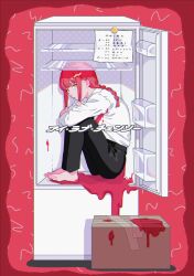 Rule 34 | 1girl, barefoot, black necktie, black pants, blood, blood on clothes, box, braid, braided ponytail, cardboard box, chainsaw man, collared shirt, happa mochii, highres, hugging own legs, in container, in refrigerator, looking at viewer, makima (chainsaw man), medium hair, necktie, pants, red hair, red theme, refrigerator, ringed eyes, shirt, shirt tucked in, sidelocks, sideways glance, solo, white shirt, yellow eyes