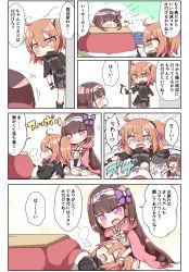 Rule 34 | 2girls, ^^^, absurdres, black gloves, black jacket, black sclera, blush, bow, brown eyes, brown hair, cloak, closed eyes, colored sclera, comic, commentary request, fate/grand order, fate (series), fujimaru ritsuka (female), fujimaru ritsuka (female) (polar chaldea uniform), gloves, grey skirt, hair between eyes, hair bow, hair ornament, hair scrunchie, highres, hood, hood down, hooded cloak, jacket, jako (jakoo21), japanese clothes, kimono, kneehighs, kotatsu, lap pillow, long hair, long sleeves, multiple girls, one side up, osakabehime (fate), pink cloak, pleated skirt, pointing, purple bow, purple eyes, purple skirt, ribbon-trimmed legwear, ribbon trim, scrunchie, short kimono, skirt, socks, sweat, table, tears, translation request, very long hair, white kimono, white legwear